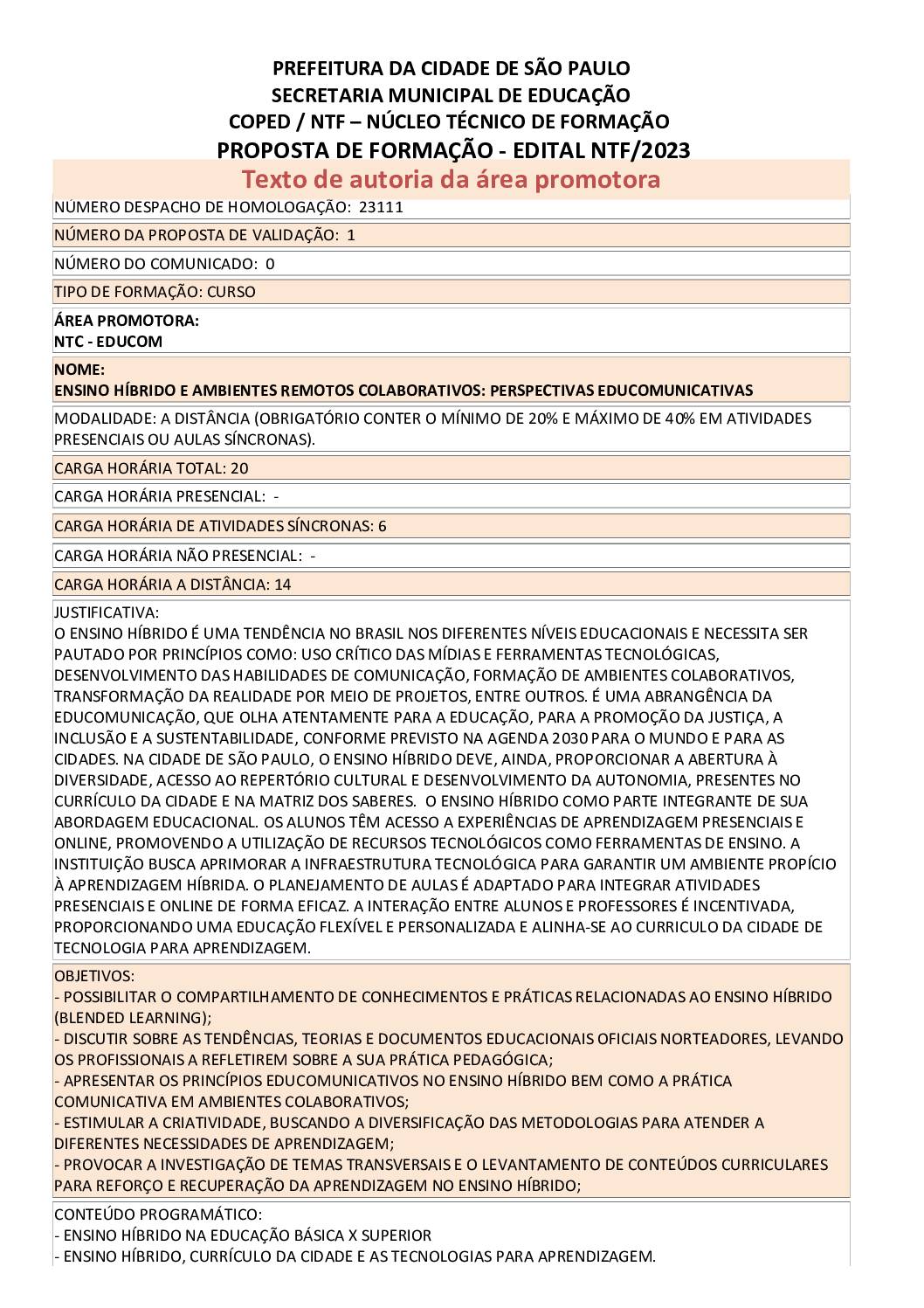 Proposta Formativa Homologada pela SME.