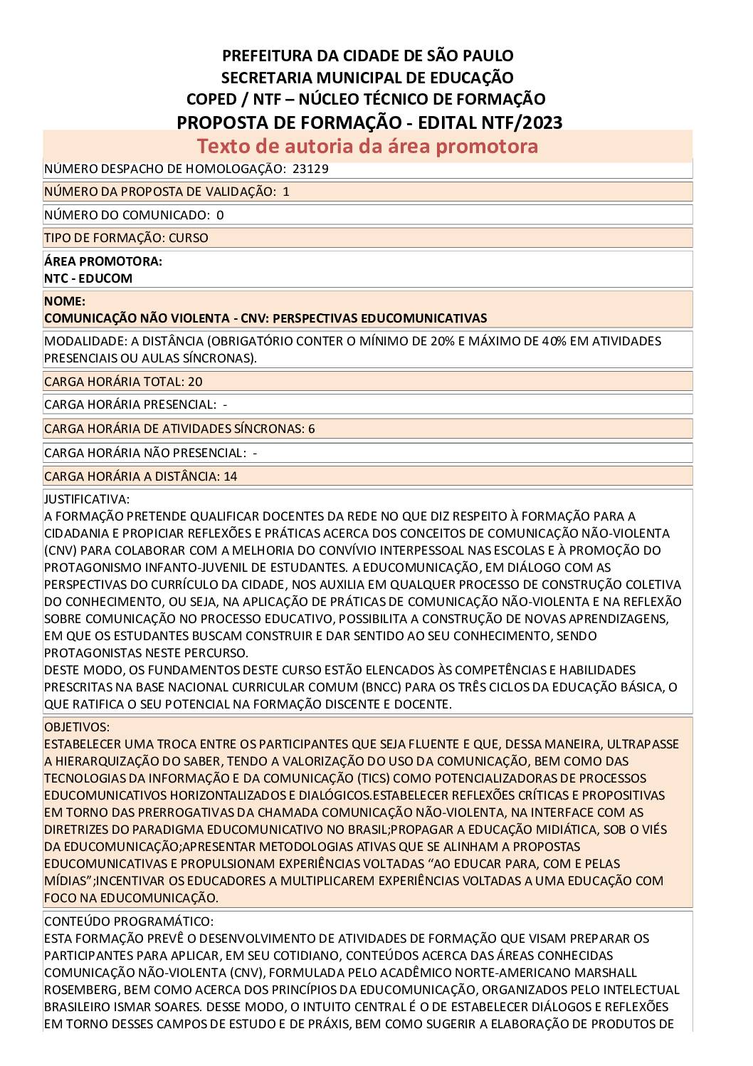 Proposta Formativa Gomologada pela SME.