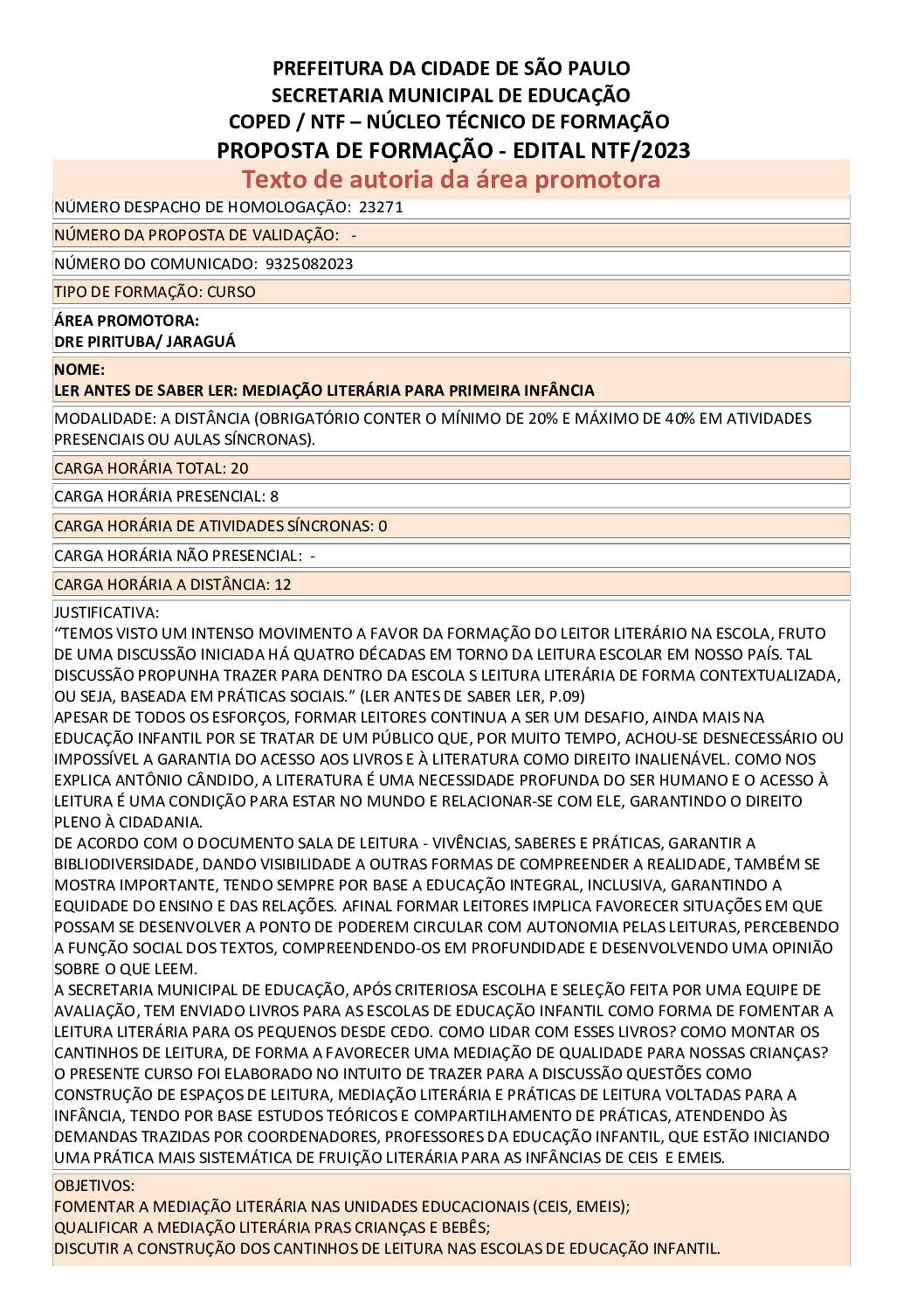 Proposta Formativa Homologada pela SME