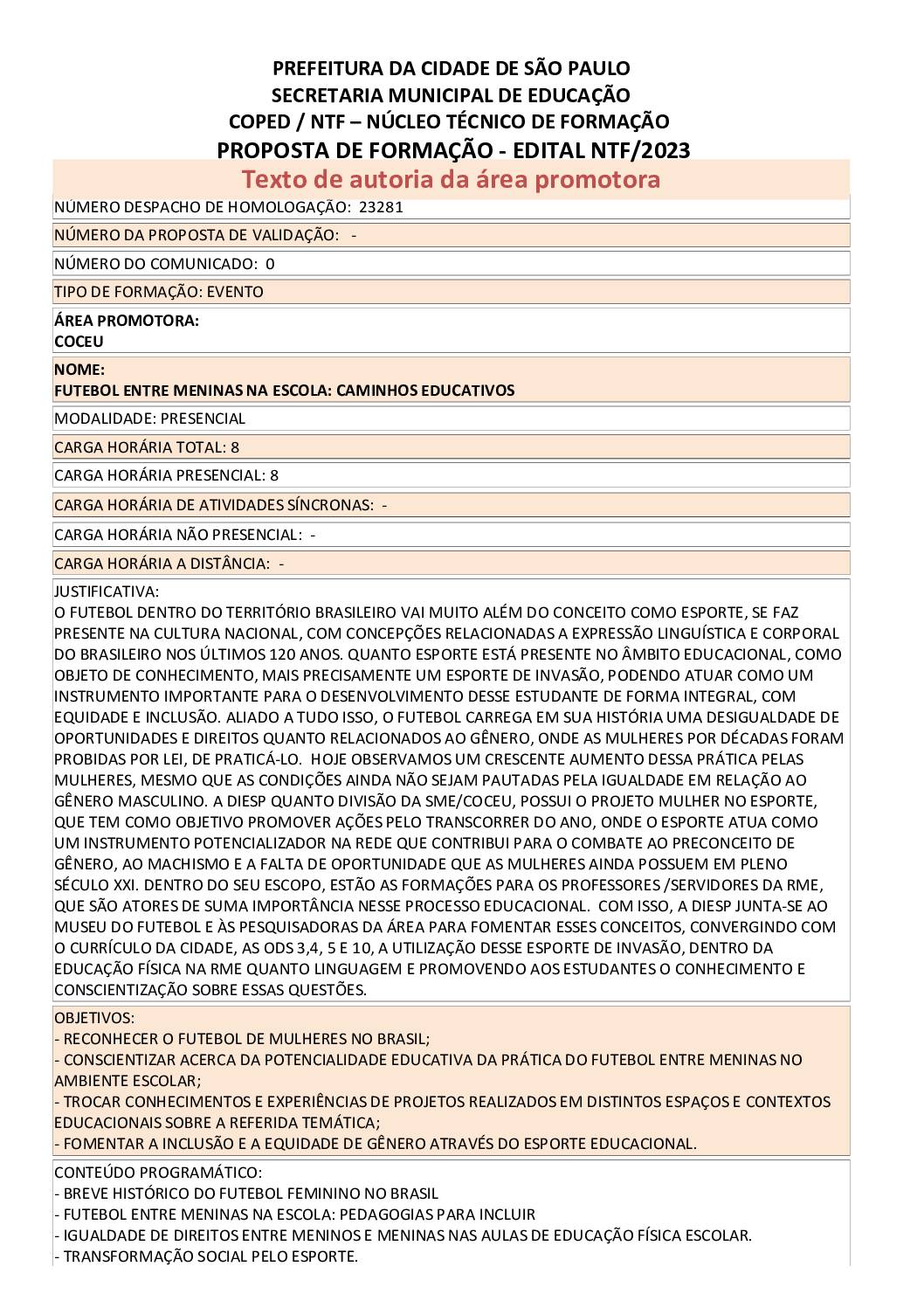 Proposta Formativa Homologada pela SME