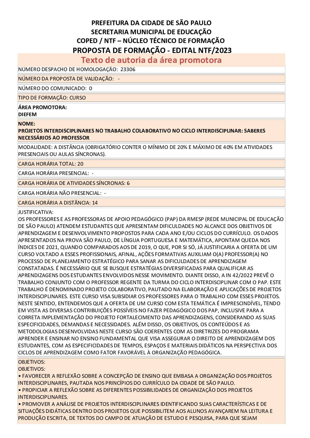 Proposta Formativa Homologada pela SME.