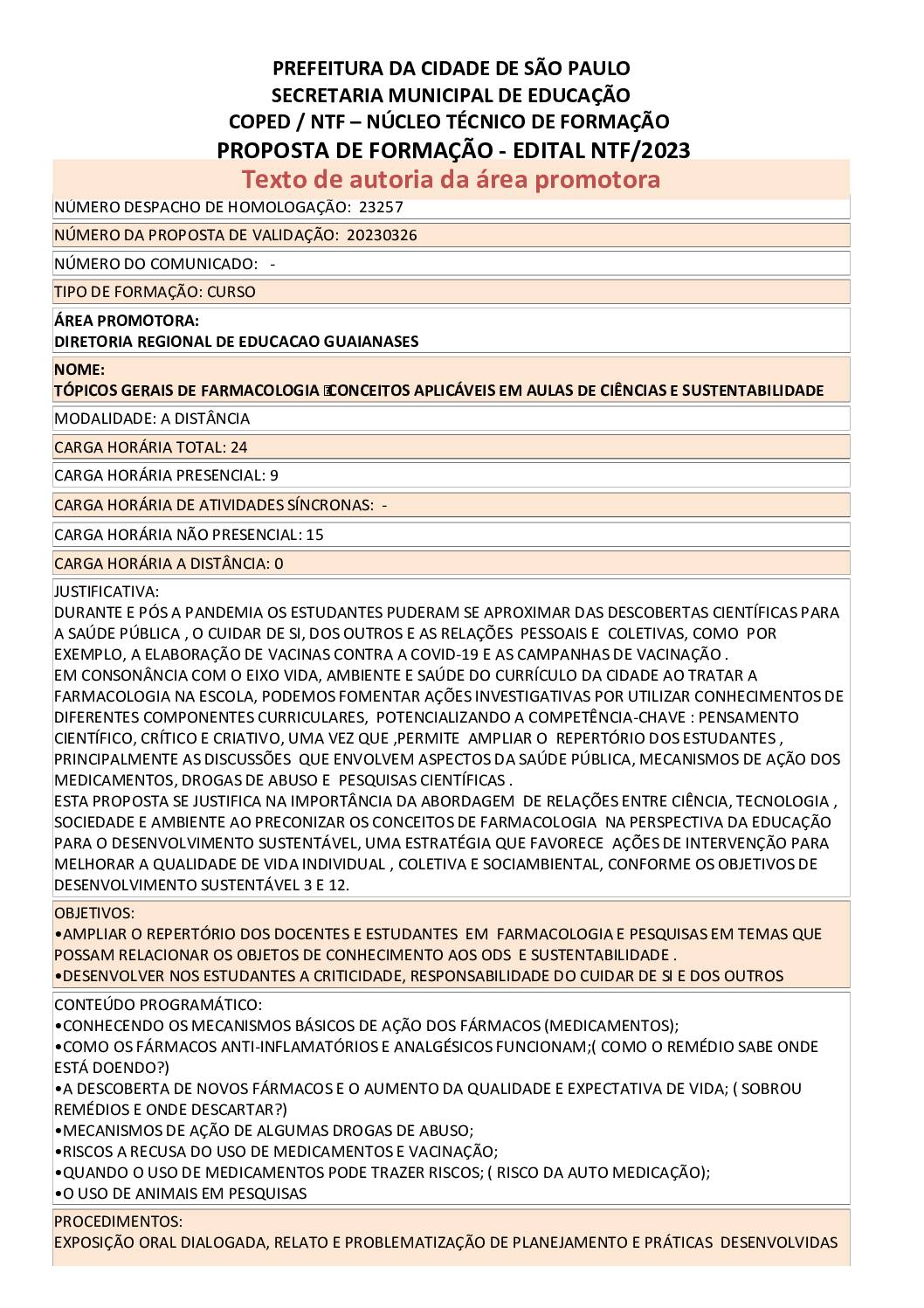Proposta Formativa Homologada pela SME.