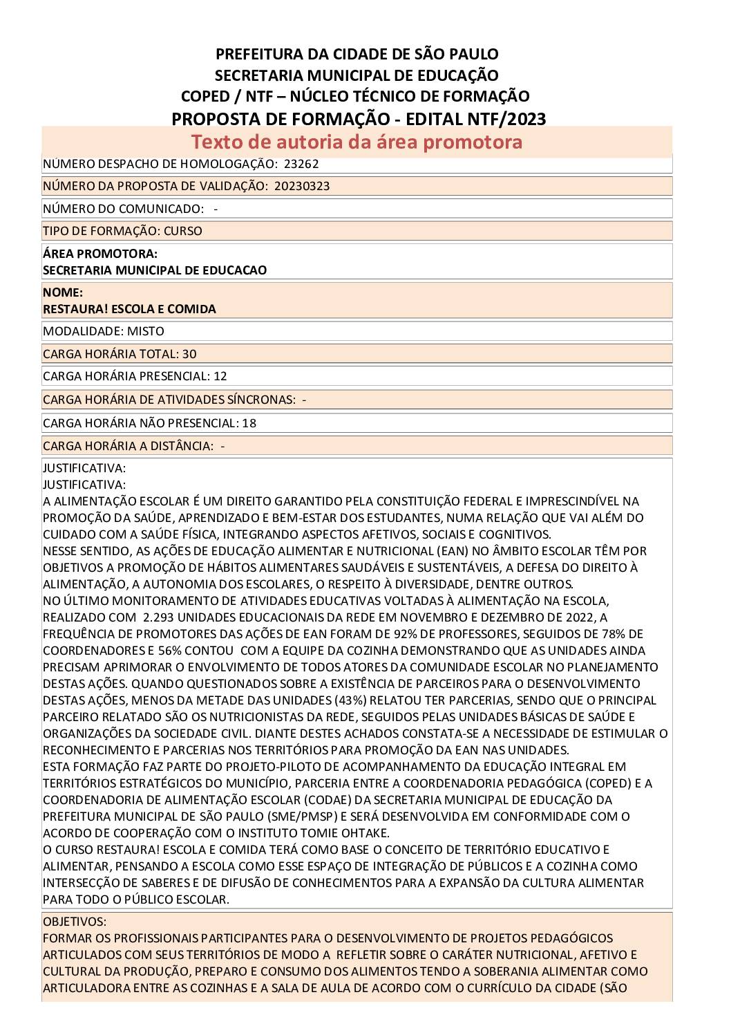 Proposta Formativa Homologada pela SME.