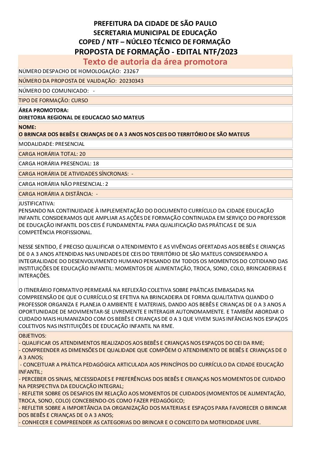 Proposta Formativa Homologada pela SME.