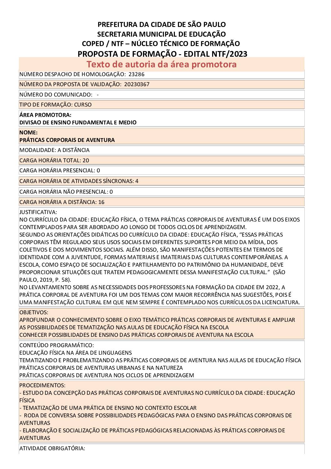 Proposta Formativa Homologada pela SME.