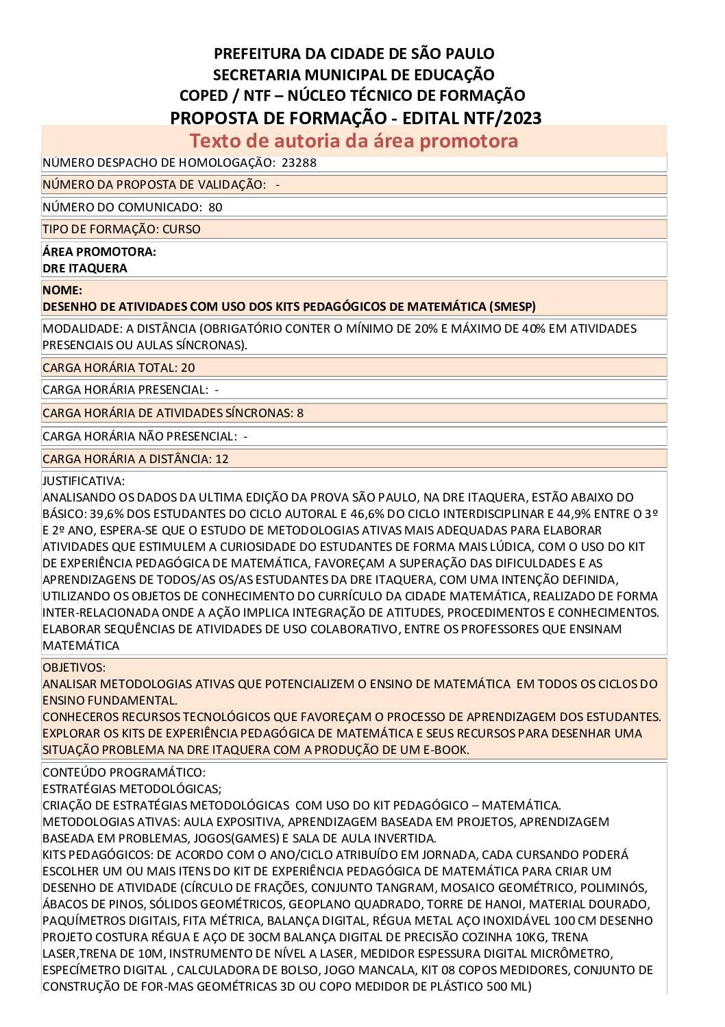 Proposta Formativa Homologada pela SME.