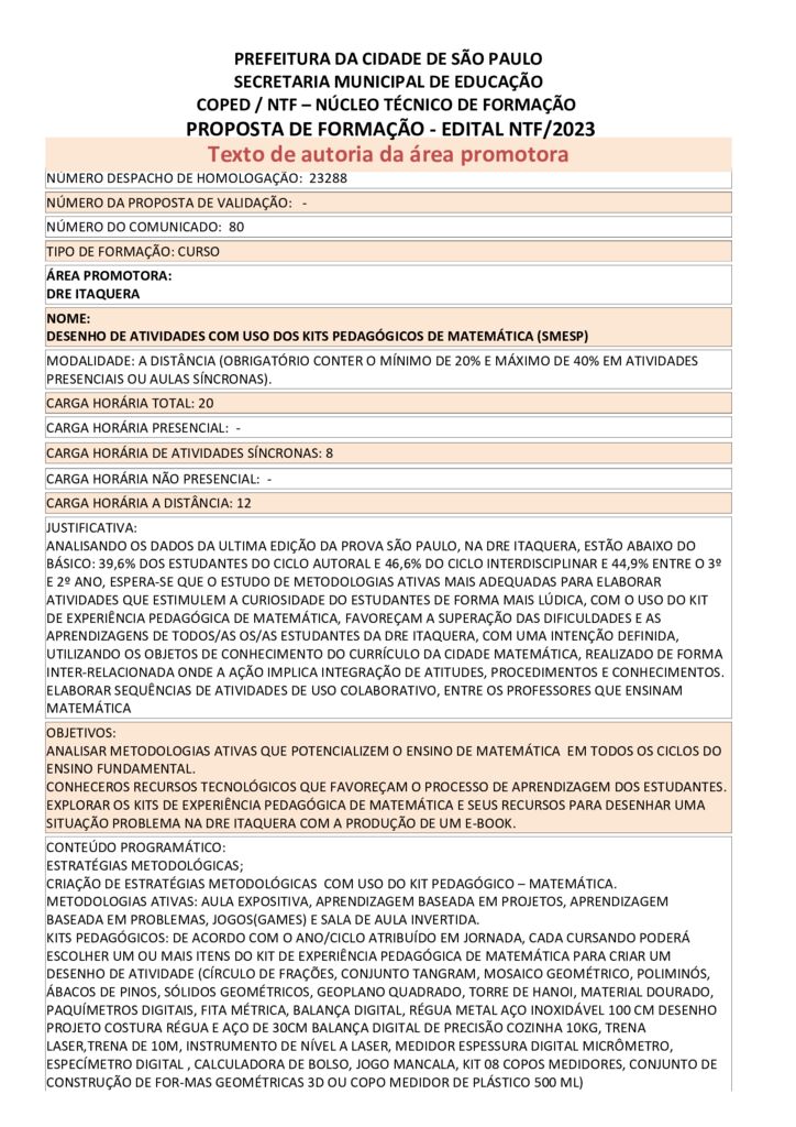 Proposta Formativa Homologada pela SME.