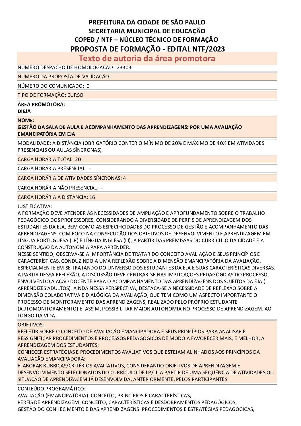 Proposta Formativa Homologada pela SME.