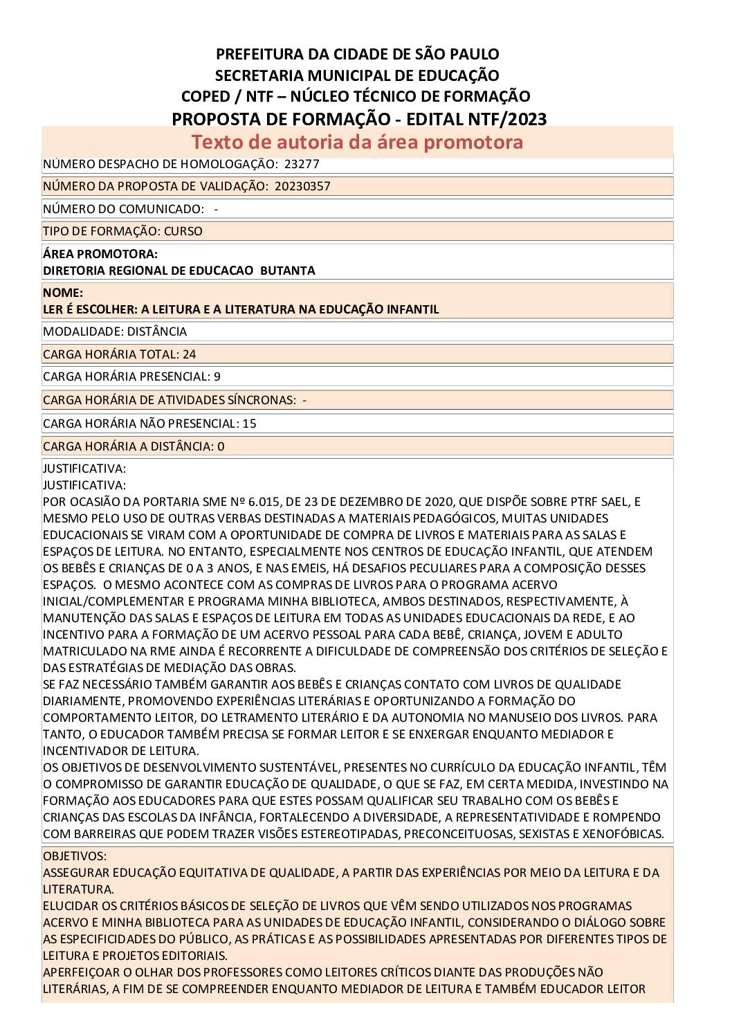 Proposta Formativa Homologada pela SME.