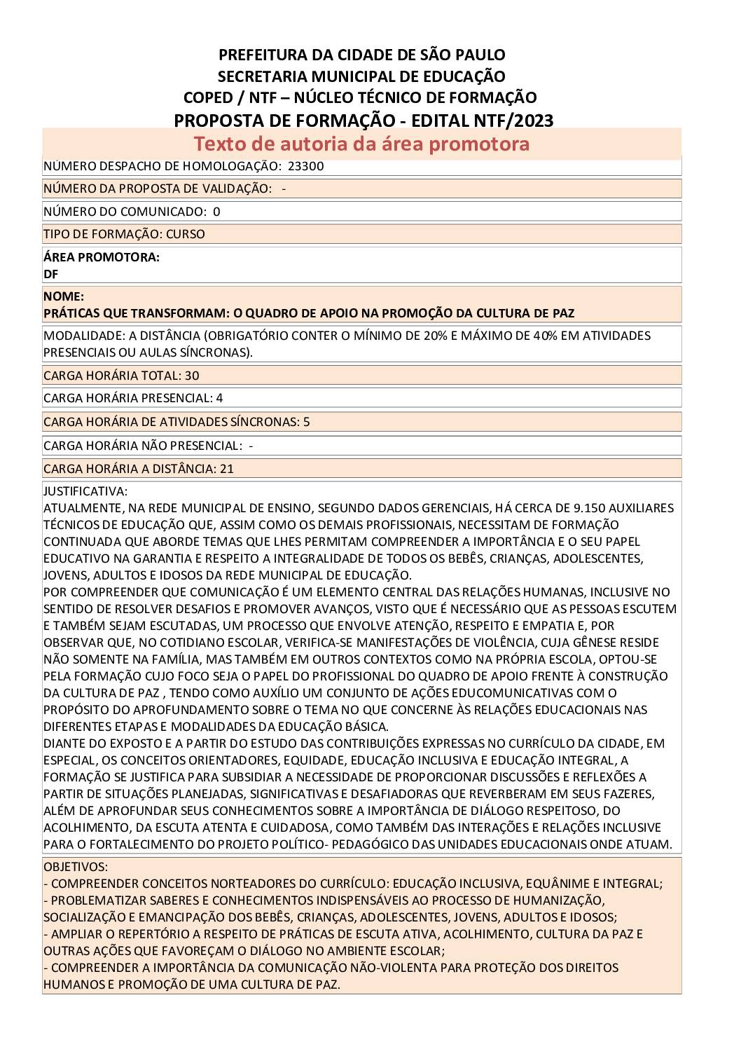 Proposta Formativa Homologada pela SME.