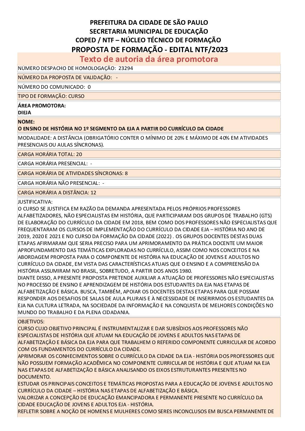 PROPOSTA FORMATIVA HOMOLOGADA PELA SME.