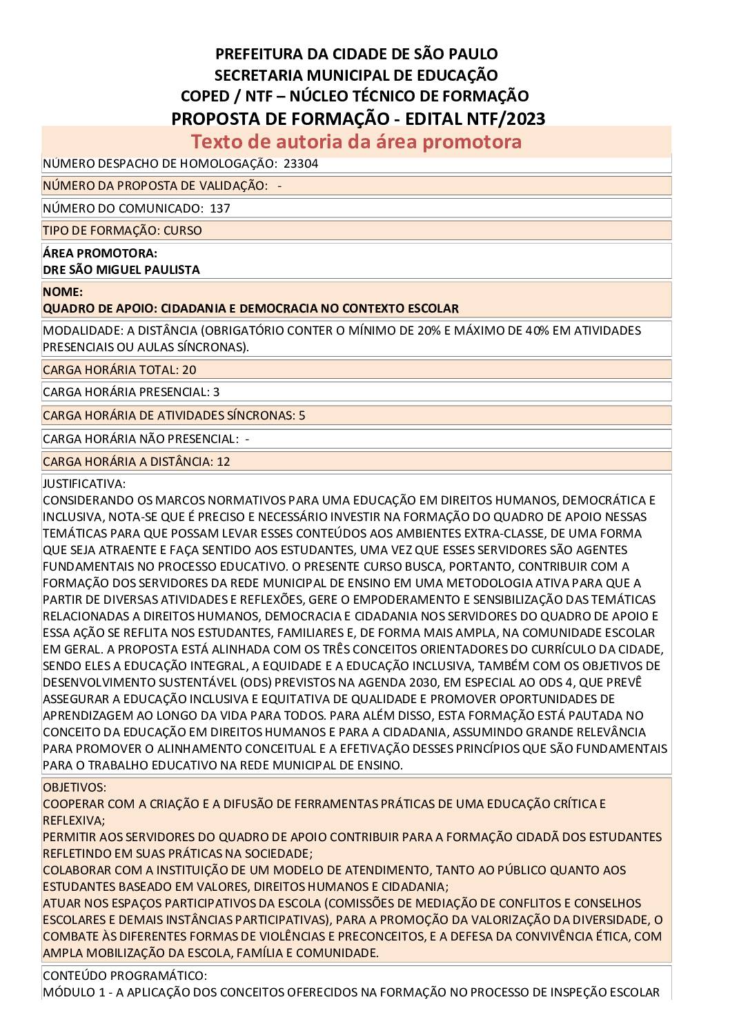 PROPOSTA FORMATIVA  HOMOLOGADA PELA SME.