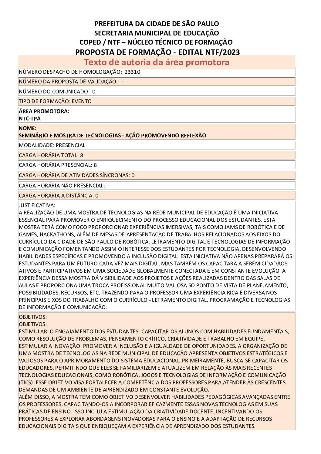 PROPOSTA FORMATIVA HOMOLOGADA PELA SME.