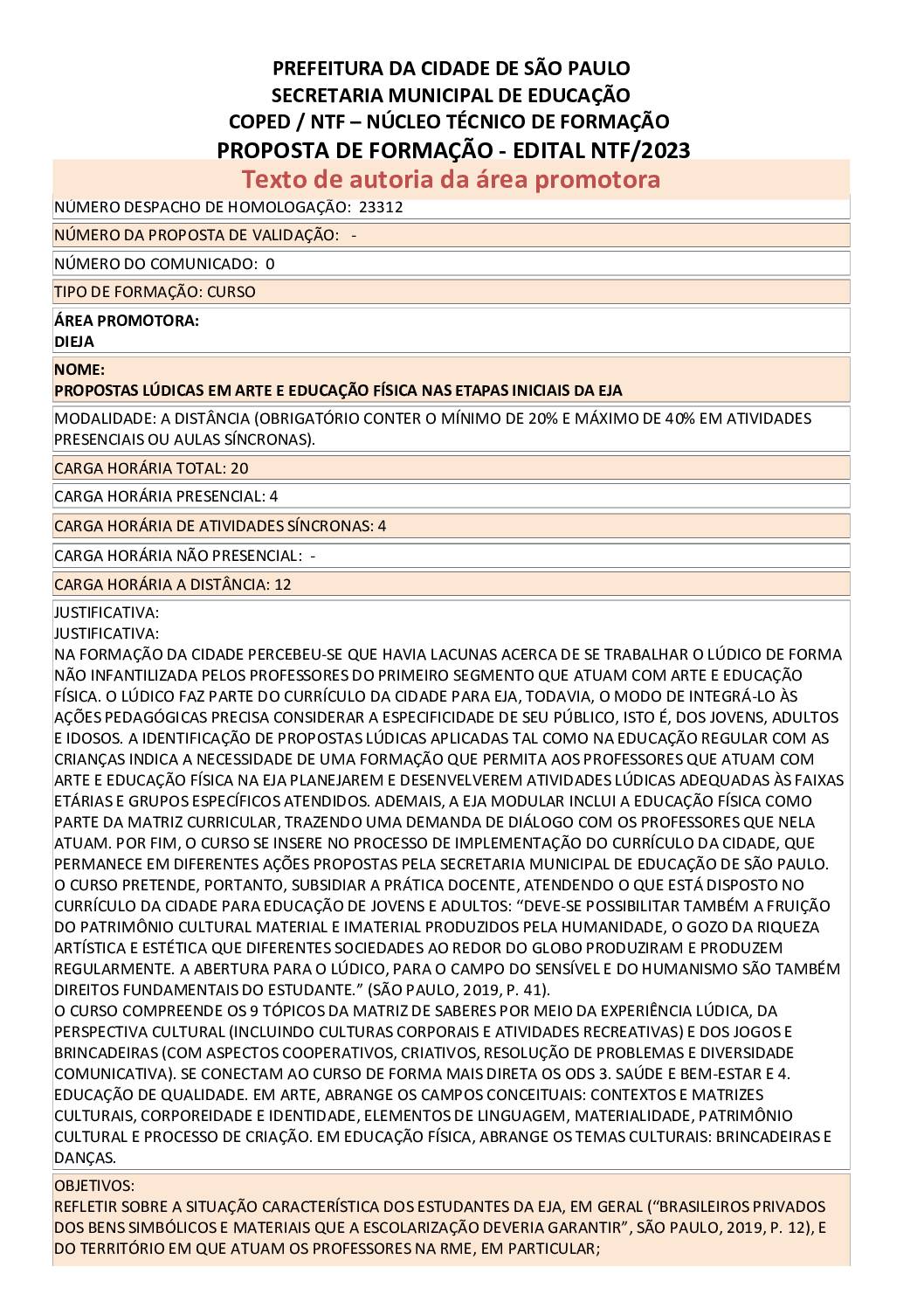 PROPOSTA FORMATIVA HOMOLOGADA PELA SME.