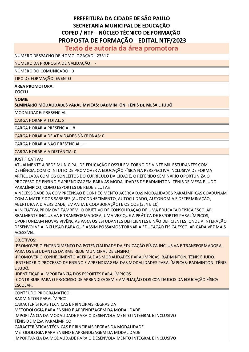 PROPOSTA FORMATIVA HOMOLOGADA PELA SME.