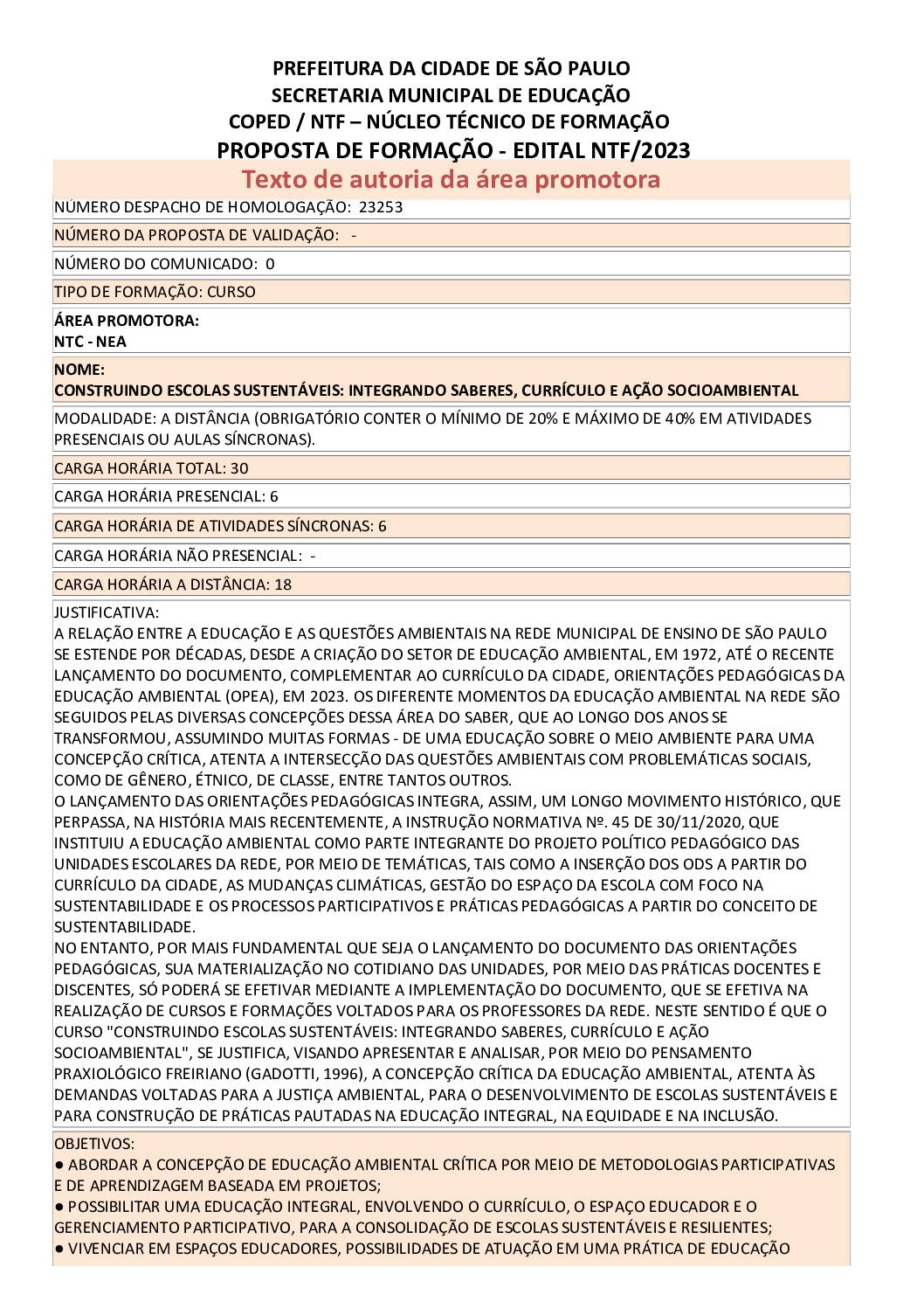 PROPOSTA FORMATIVA HOMOLOGADA PELA SME.