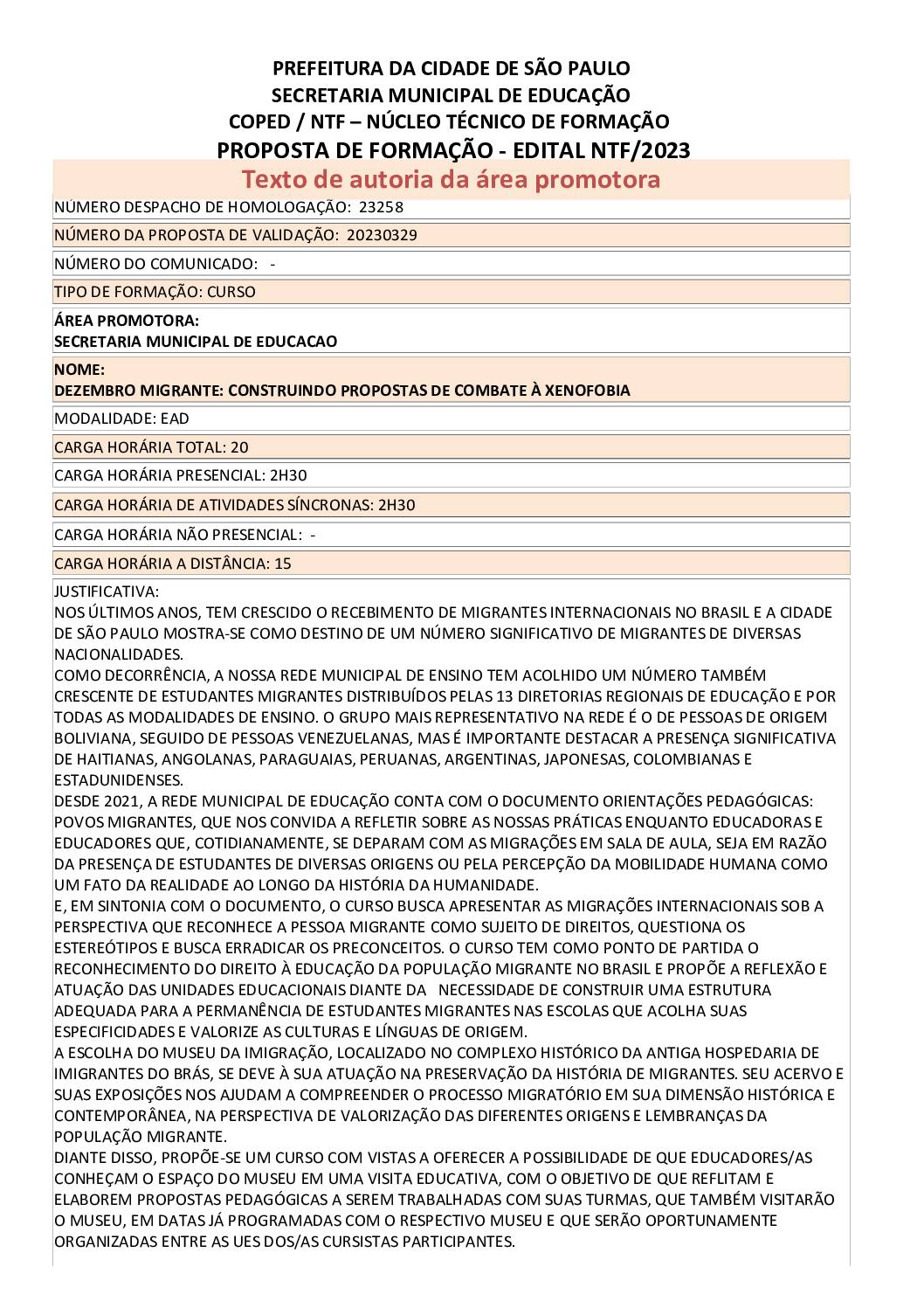 PROPOSTA FORMATIVA HOMOLOGADA PELA SME.