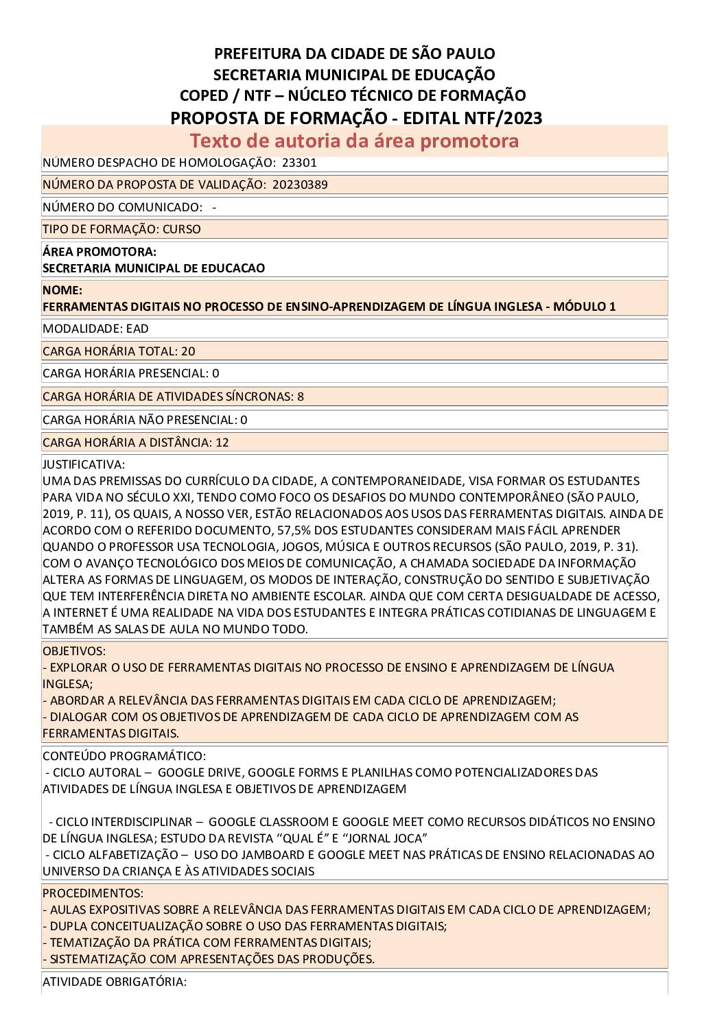 PROPOSTA FORMATIVA HOMOLOGADA PELA SME.