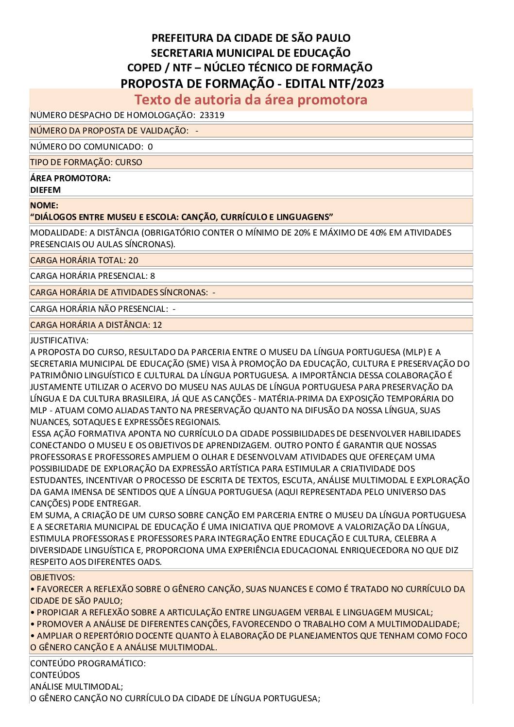 PROPOSTA FORMATIVA  HOMOLOGADA PELA SME.