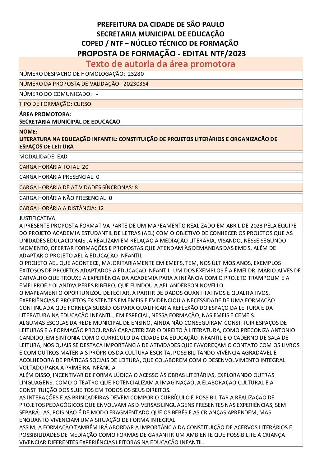 PROPOSTA FORMATIVA HOMOLOGADA PELA SME.