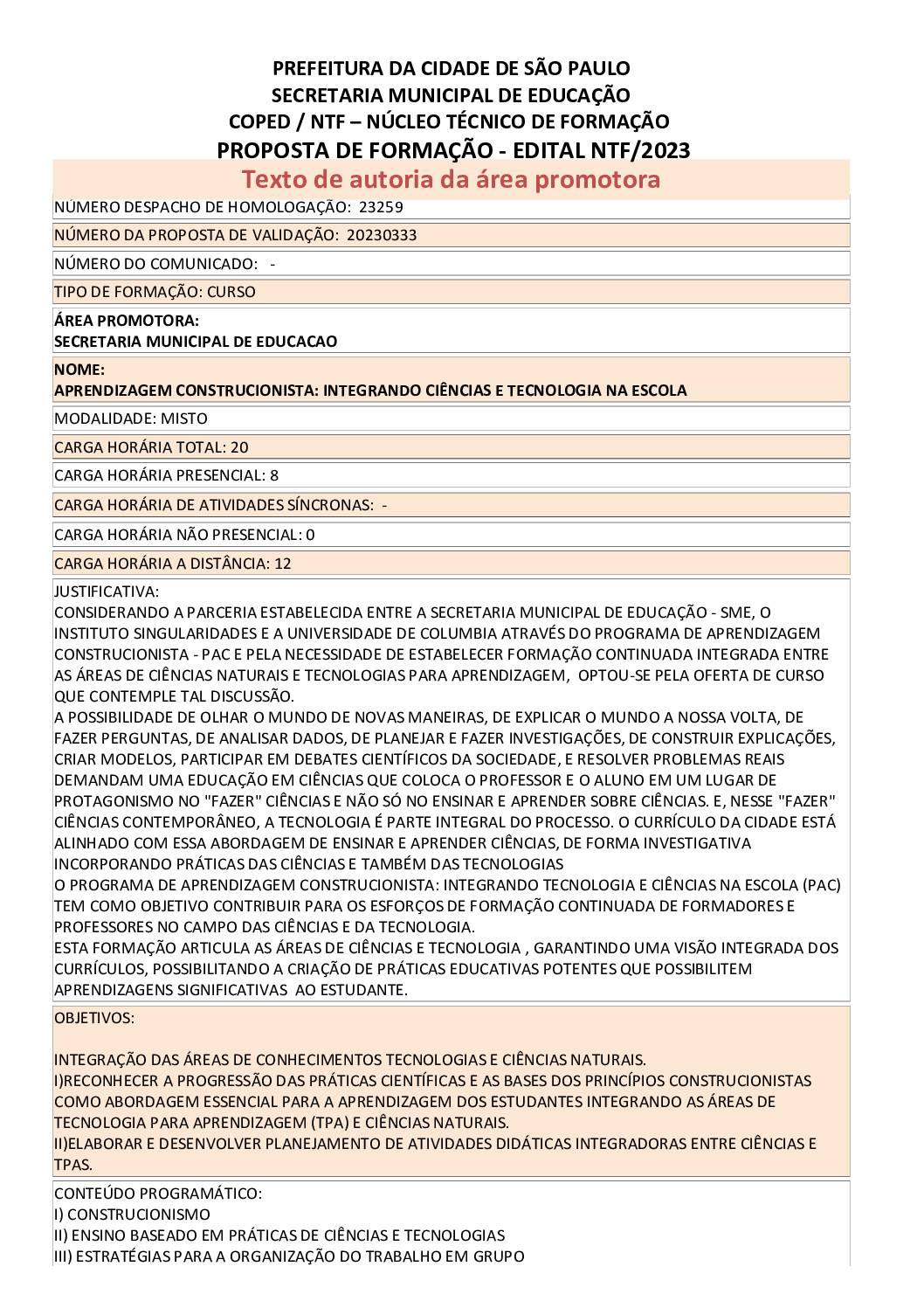PROPOSTA FORMATIVA HOMOLOGADA PELA SME.