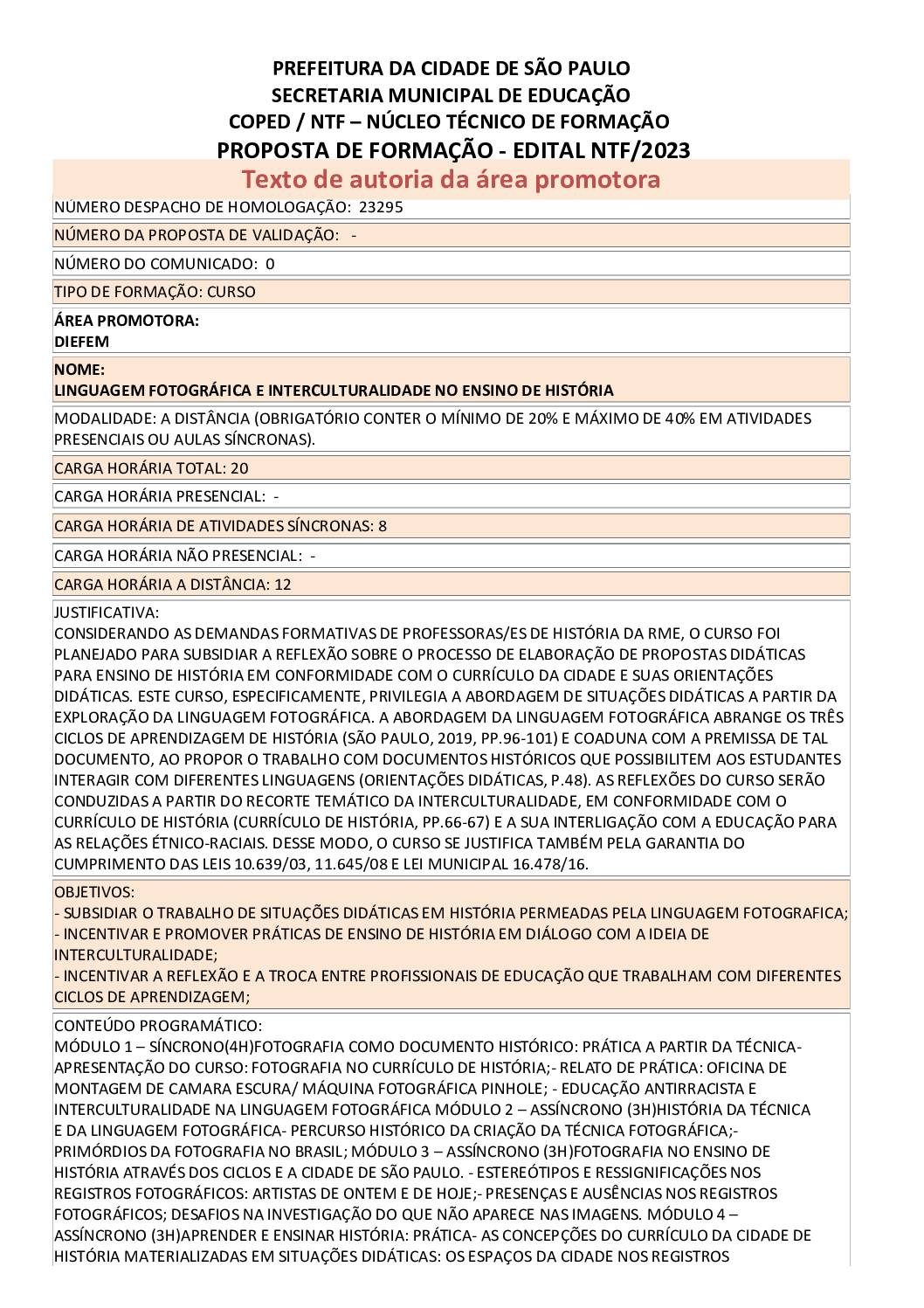 PROPOSTA FORMATIVA HOMOLOGADA PELA SME.