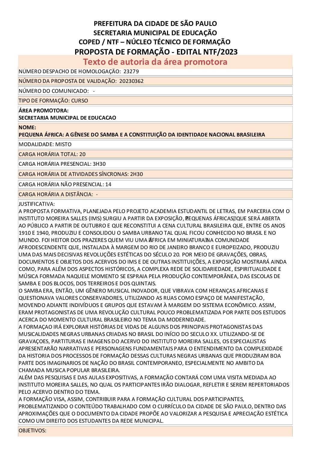 PROPOSTA FORMATIVA HOMOLOGADA PELA SME.