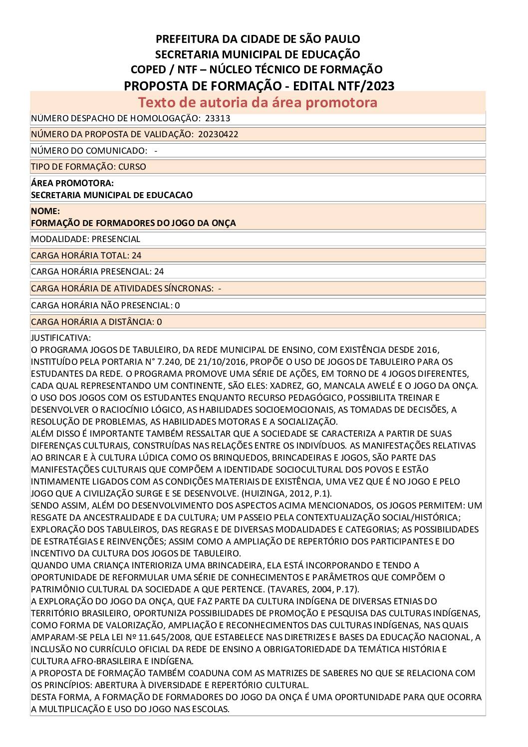 PROPOSTA FORMATIVA HOMOLOGADA PELA SME.