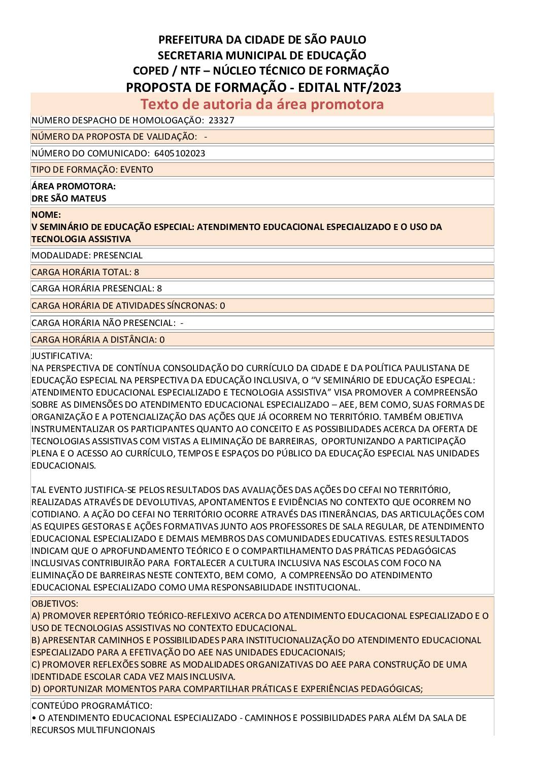 PROPOSTA FORMATIVA HOMOLOGADA PELA SME.