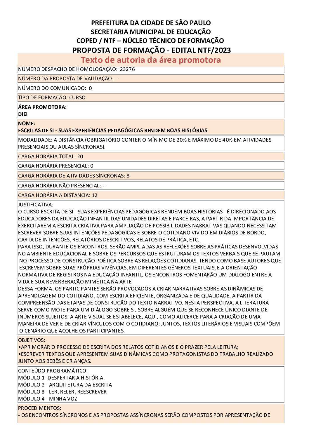 PROPOSTA FORMATIVA HOMOLOGADA PELA SME.