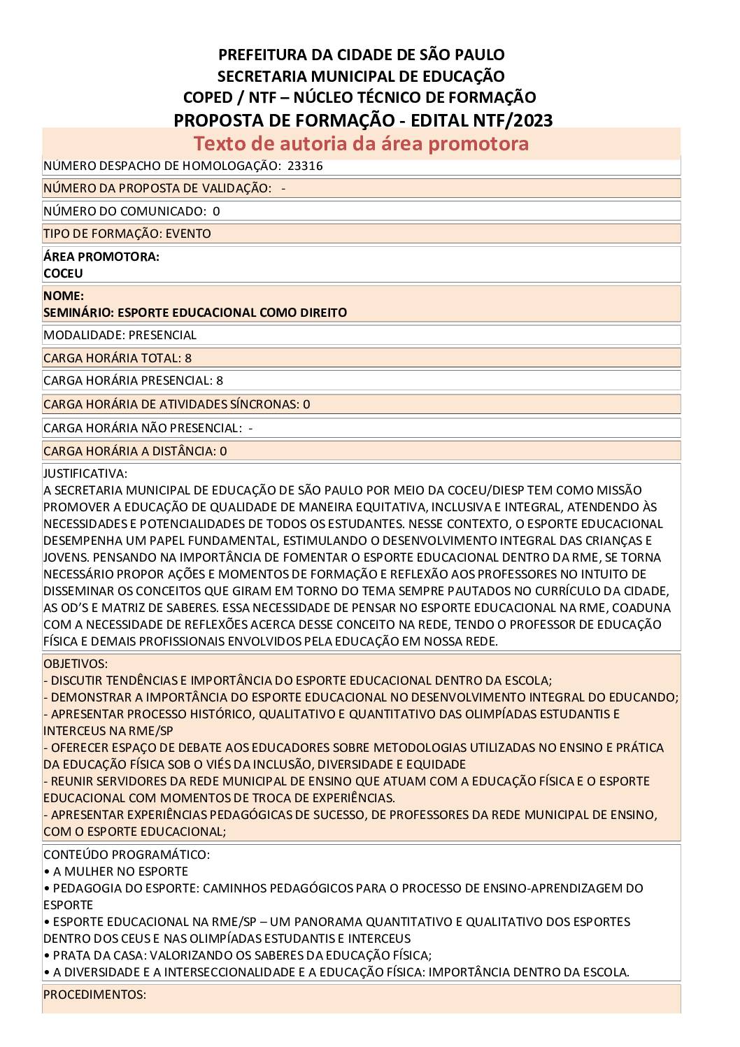 PROPOSTA FORMATIVA HOMOLOGADA PELA SME.