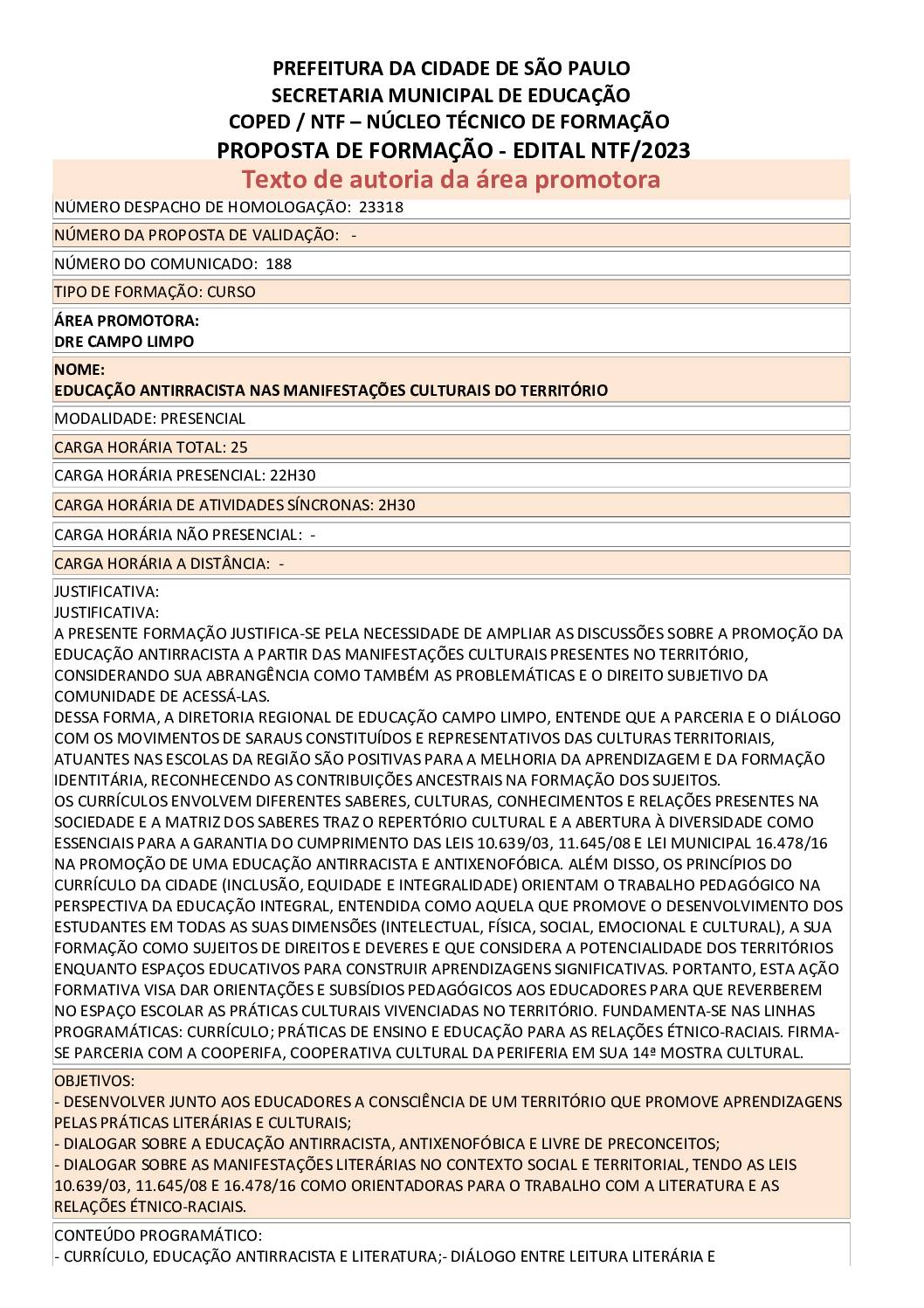 PROPOSTA FORMATIVA HOMOLOGADA PELA SME.