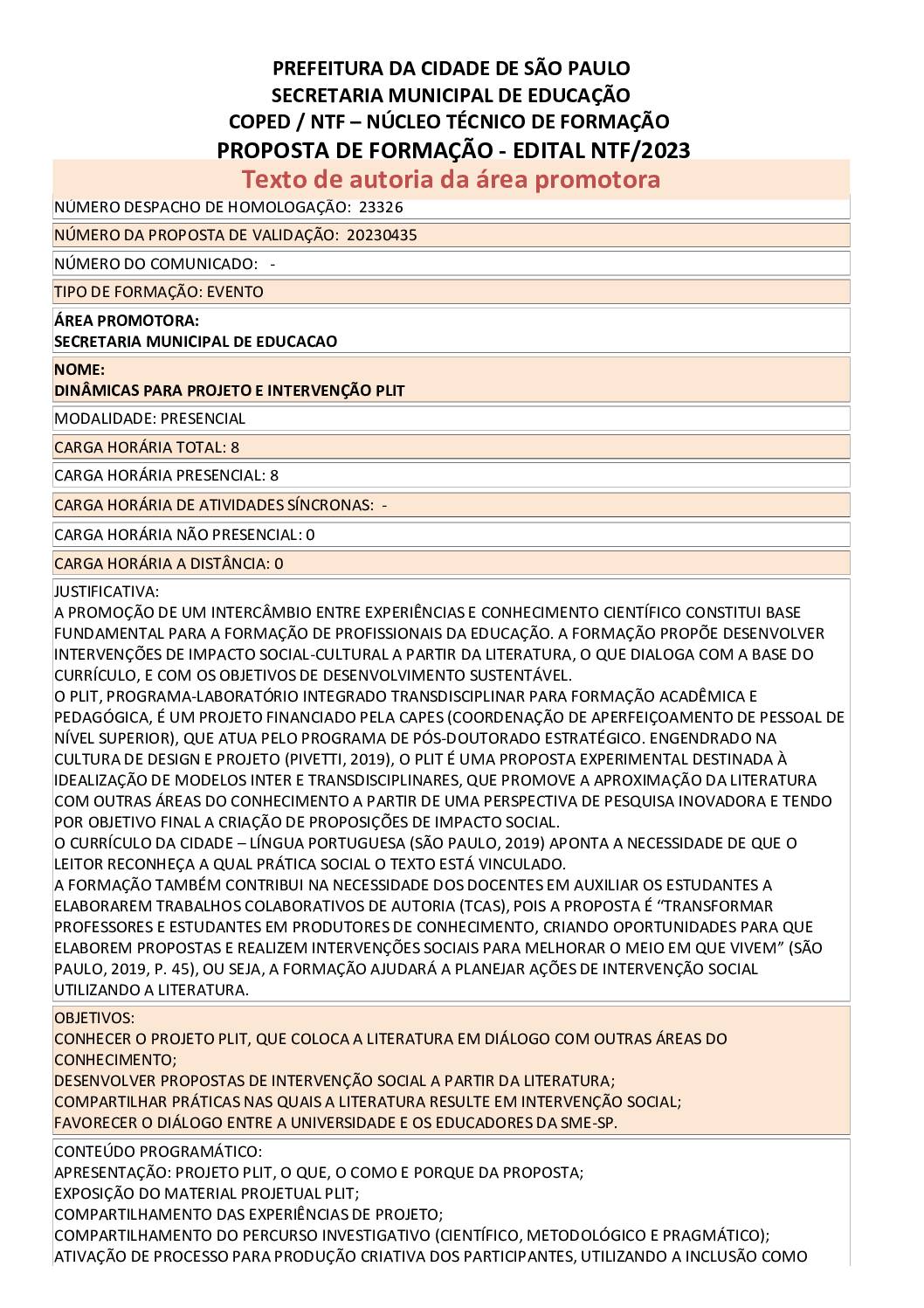 PROPOSTA FORMATIVA HOMOLOGADA PELA SME.