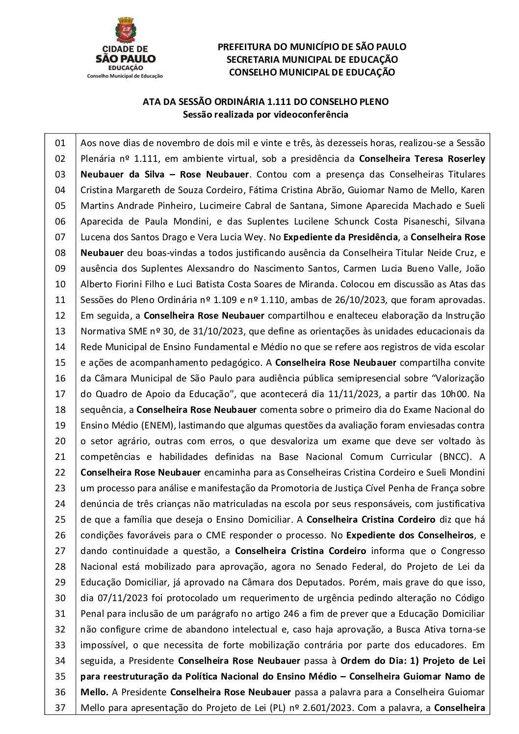 Ata Pleno CME – Sessão Ordinária nº 1.111 – 09/11/2023