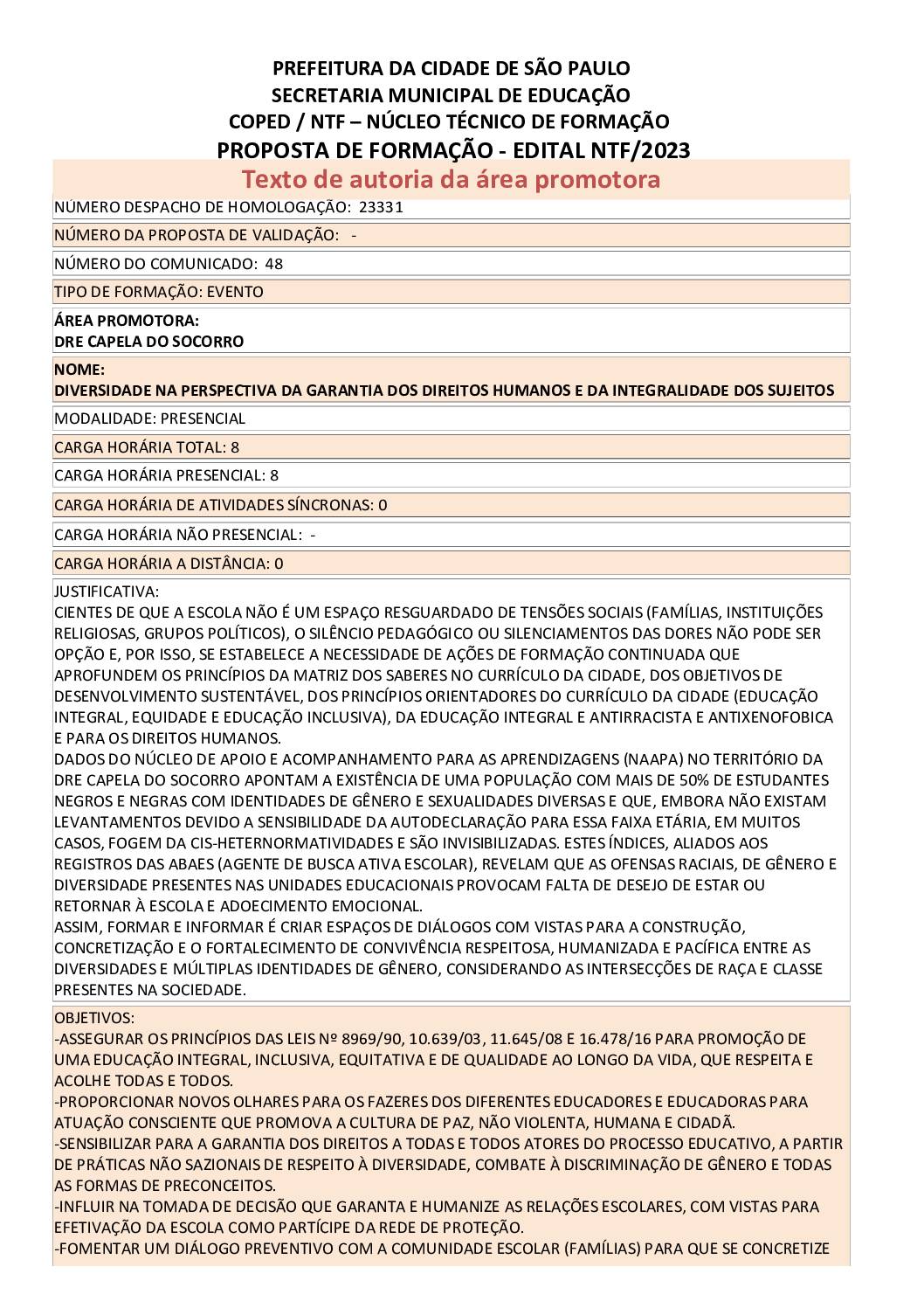 Proposta Formativa Homologada pela SME.