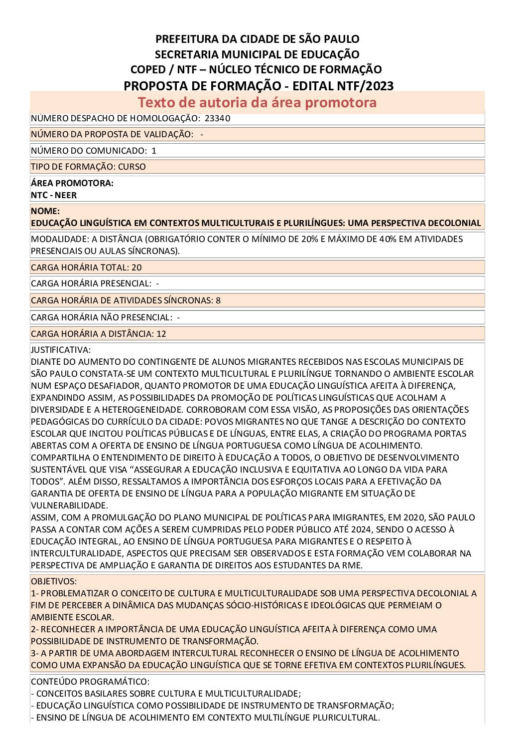 Proposta Formativa Homologada pela SME.