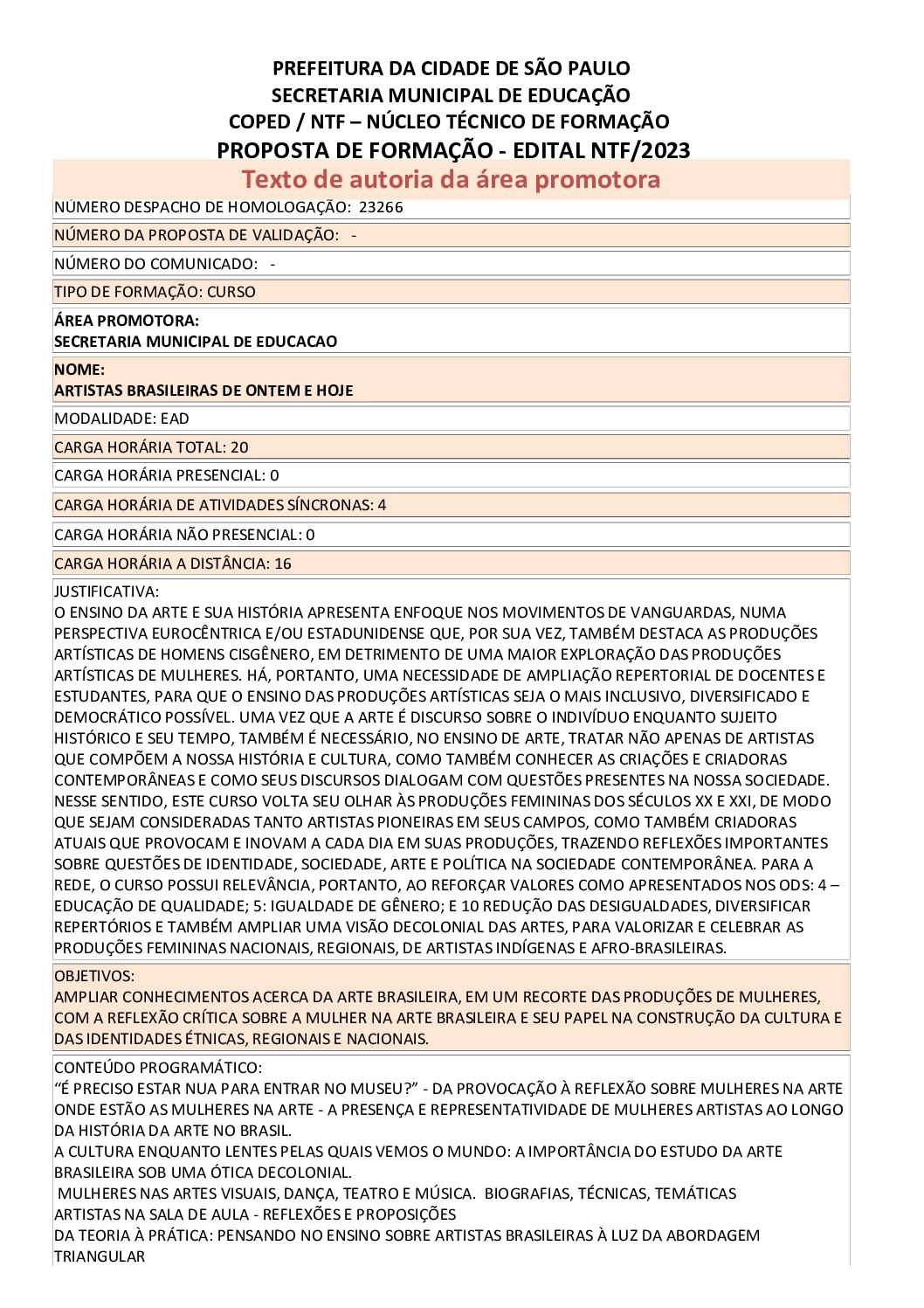 Proposta Formativa Homologada pela SME.