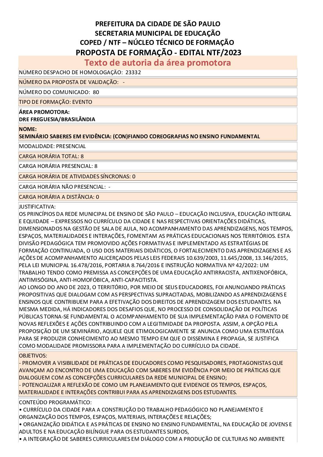 Proposta Formativa Homologada pela SME.