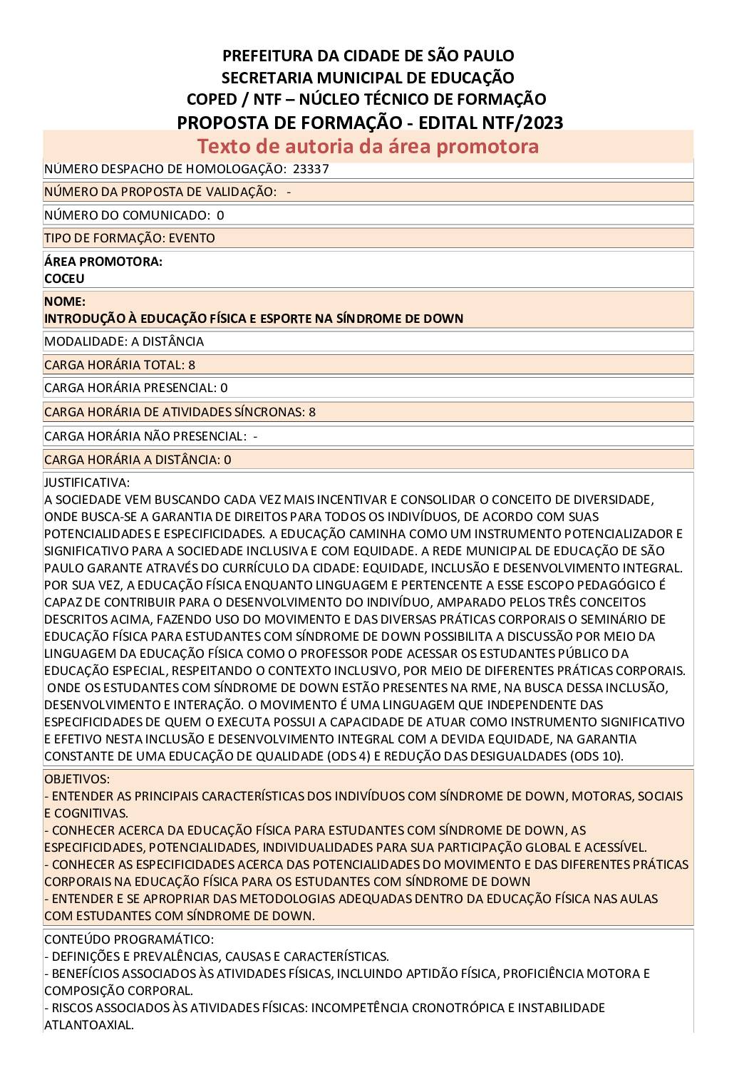 Proposta Formativa Homologada pela SME.