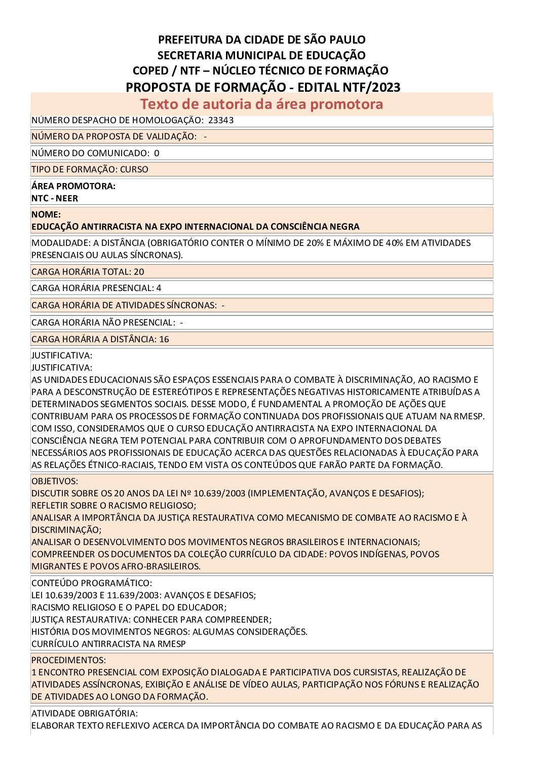 Proposta Formativa Homologada pela SME.