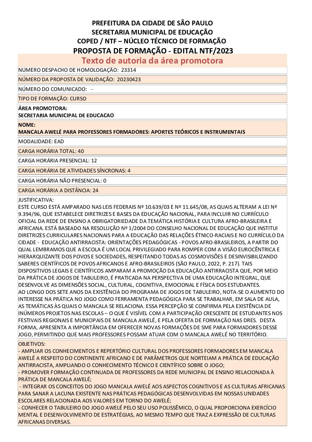 Proposta Formativa Homologada pela SME.