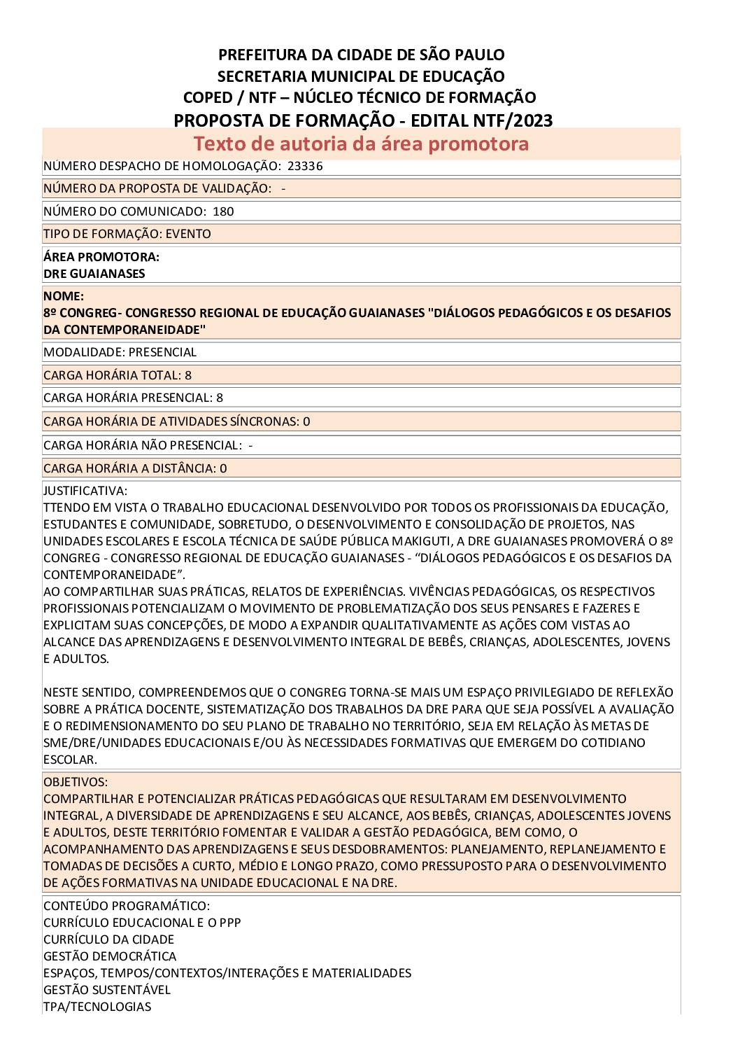 Proposta Formativa Homologada pela SME.