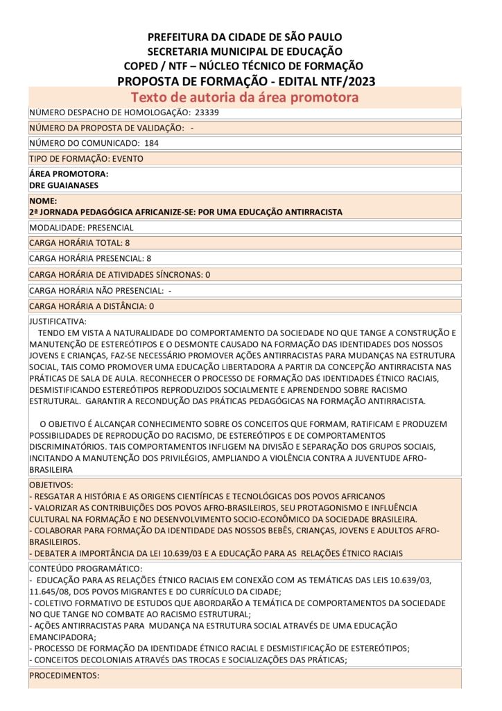 Proposta Formativa Homologada pela SME.