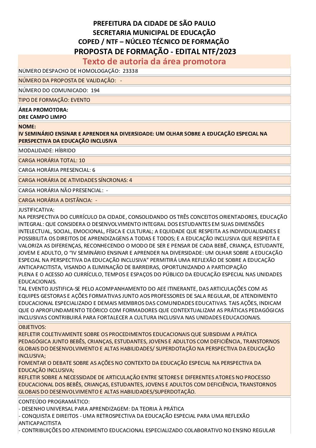 Proposta Formativa Homologada pela SME.