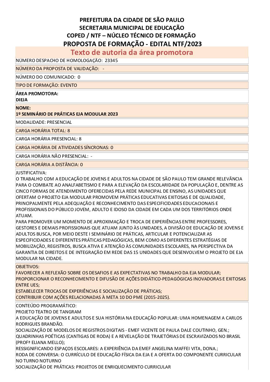 Proposta Formativa Homologada pela SME.