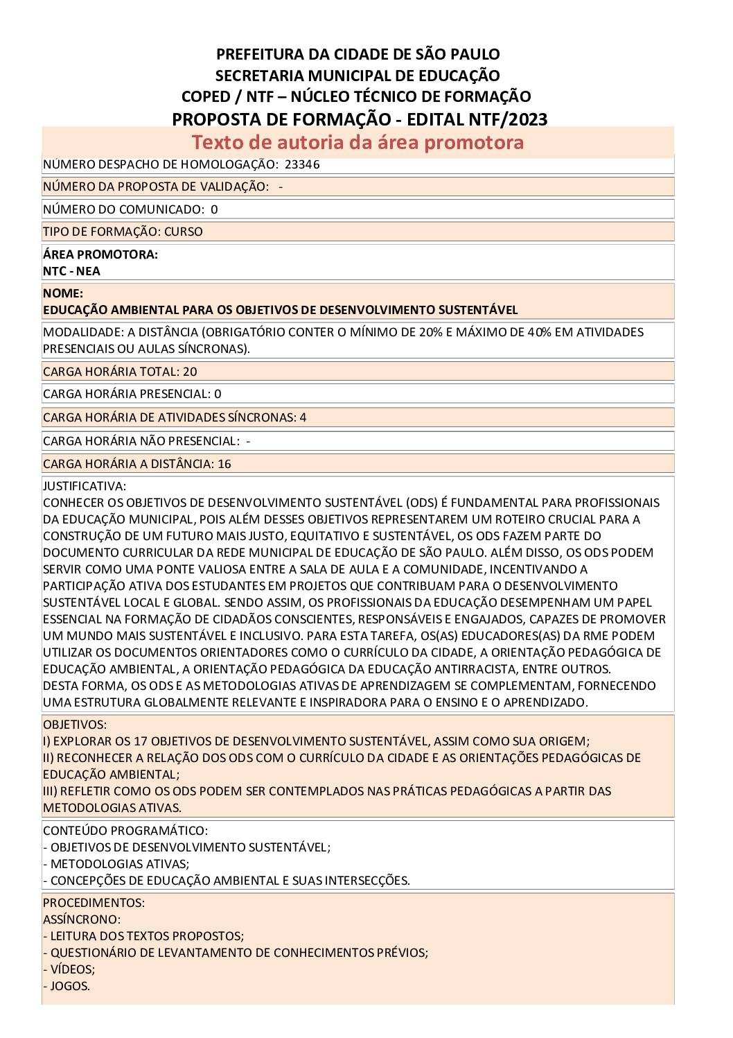 Proposta Formativa Homologada pela SME.