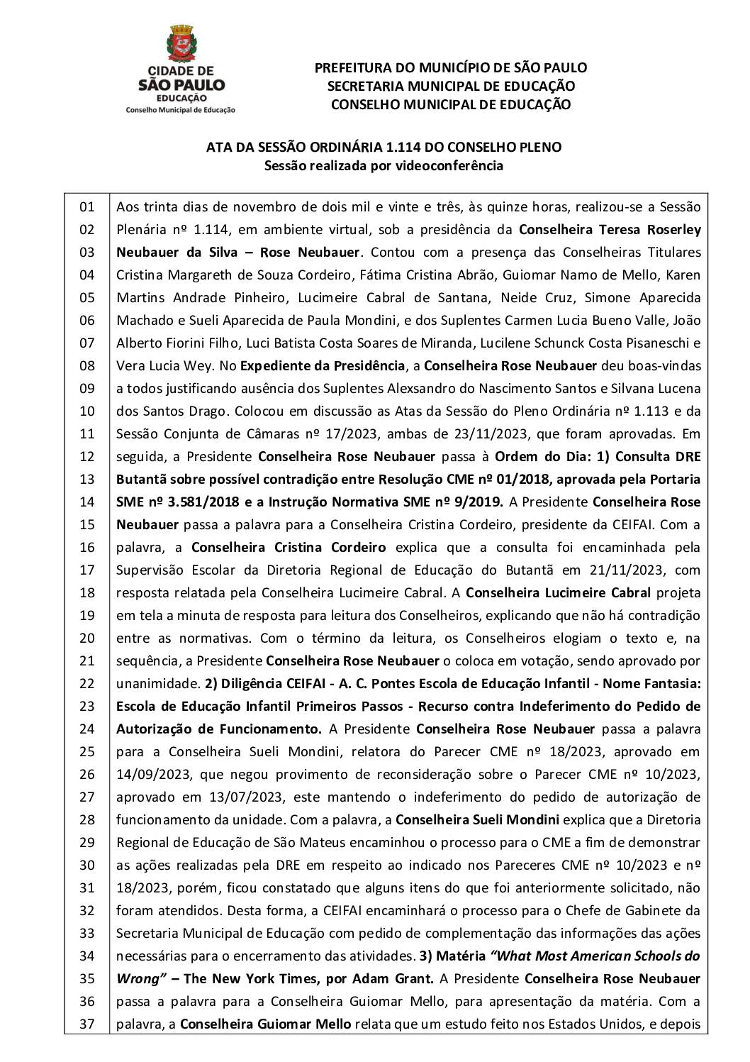 Ata Pleno CME – Sessão Ordinária nº 1.114 – 30/11/2023
