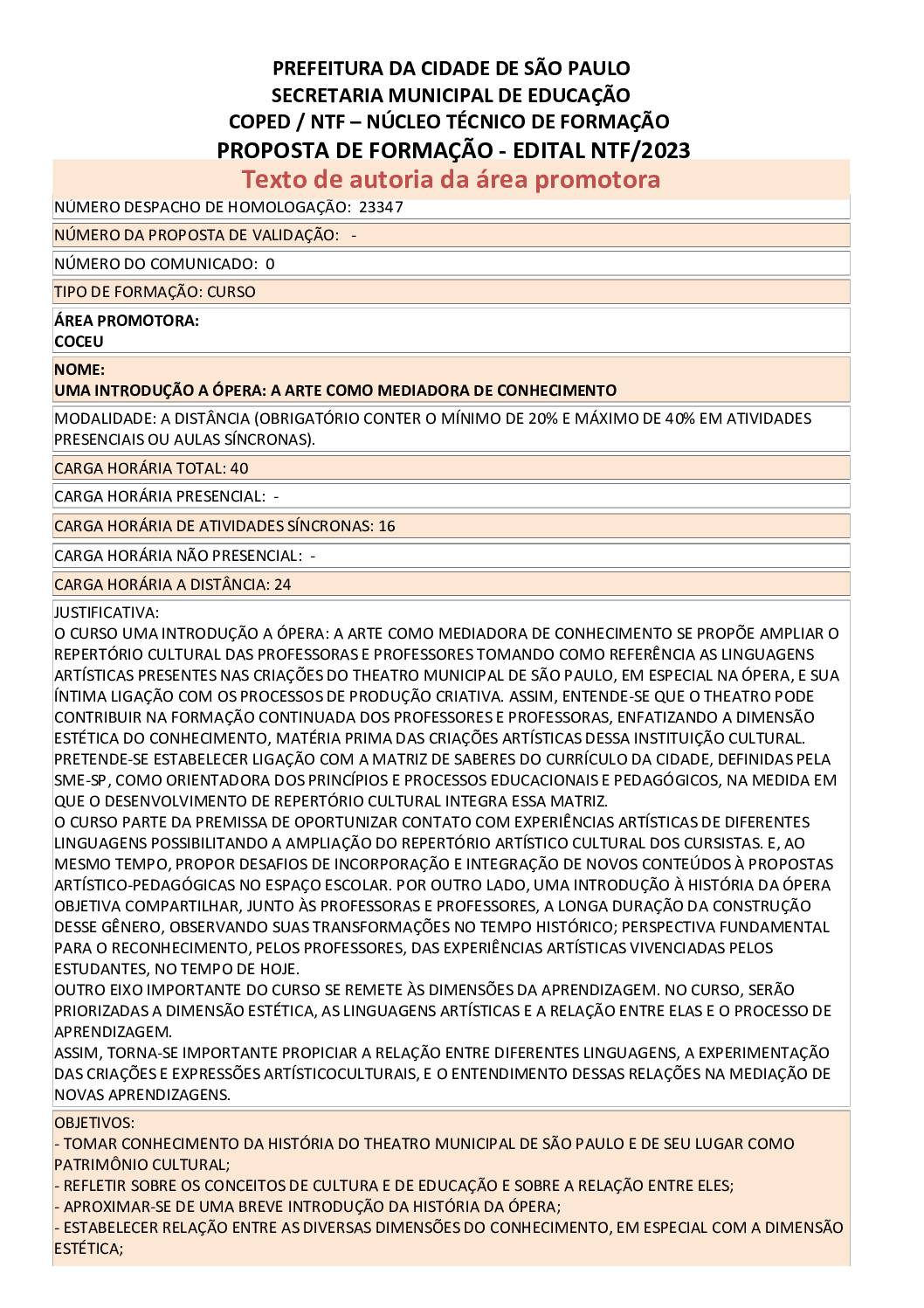Proposta formativa homologada pela SME.