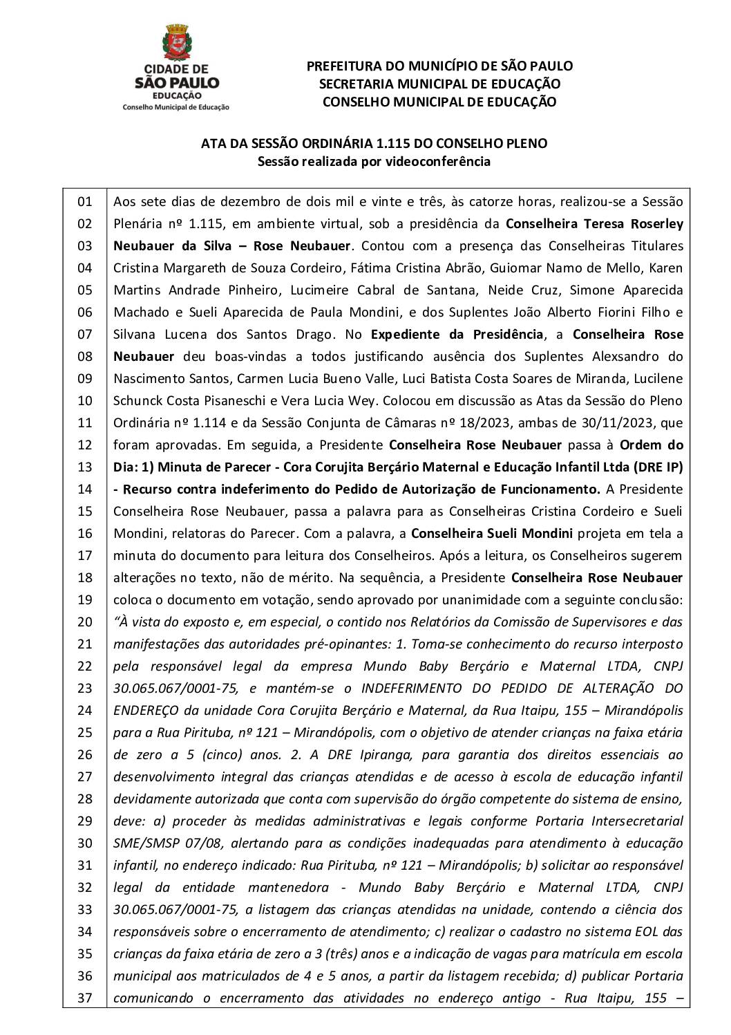 Ata Pleno CME – Sessão Ordinária nº 1.115 – 07/12/2023