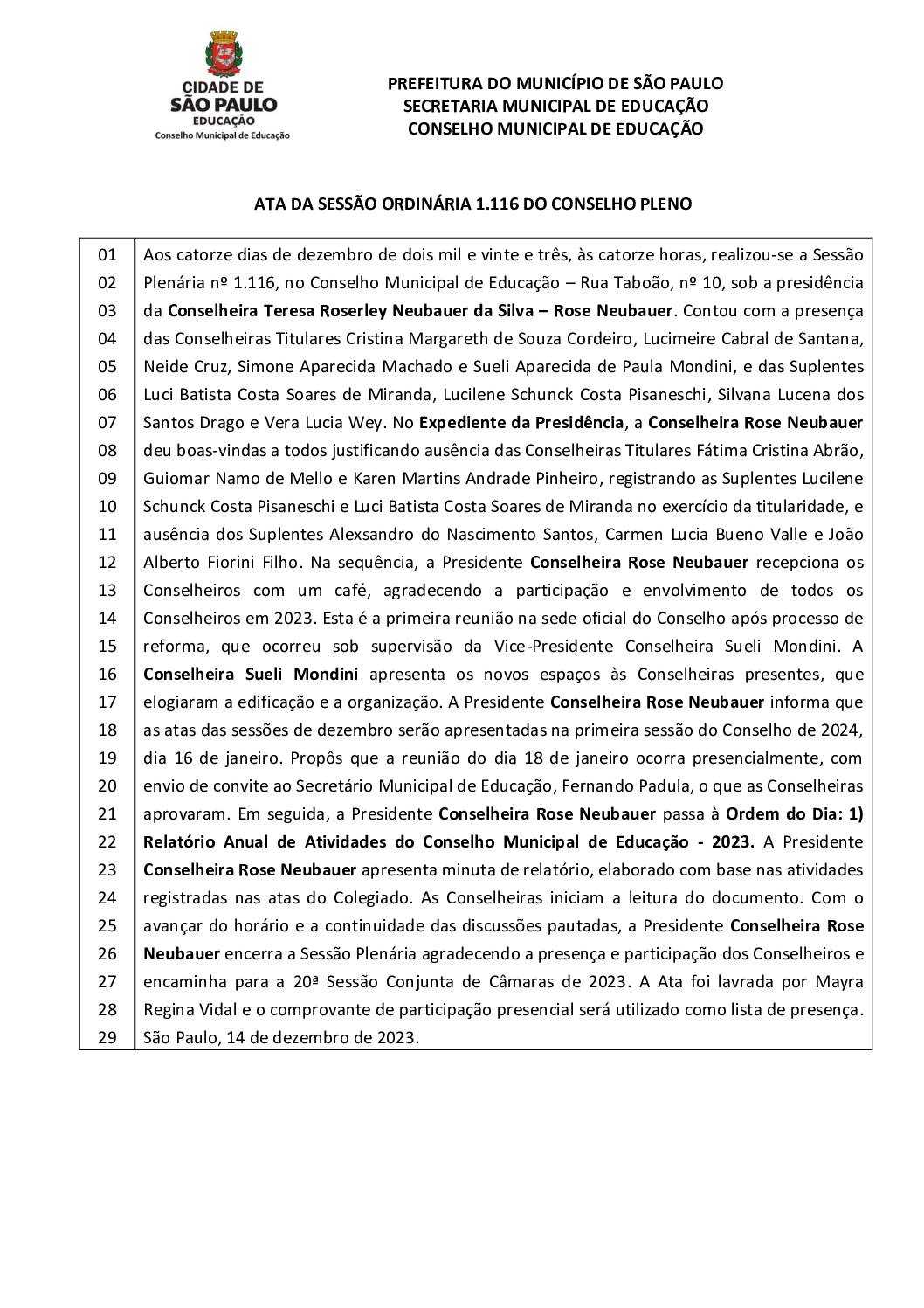 Ata Pleno CME – Sessão Ordinária nº 1.116 – 14/12/2023